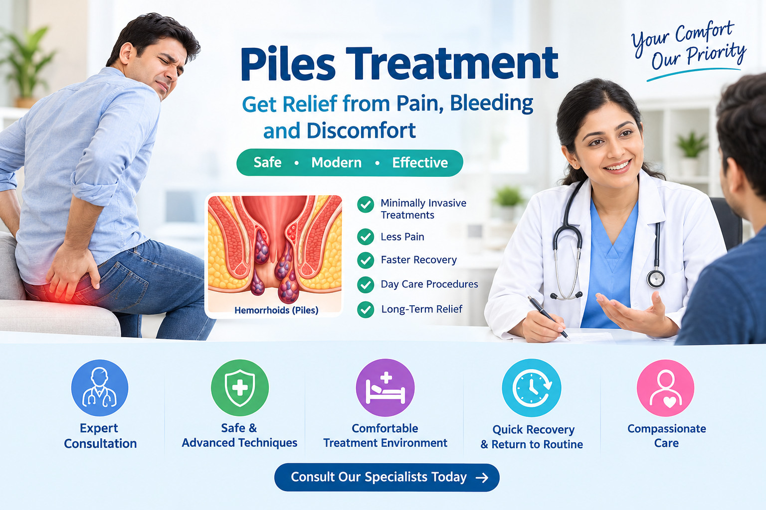 Piles treatment information graphic; medical claims should be reviewed by the hospital before publication